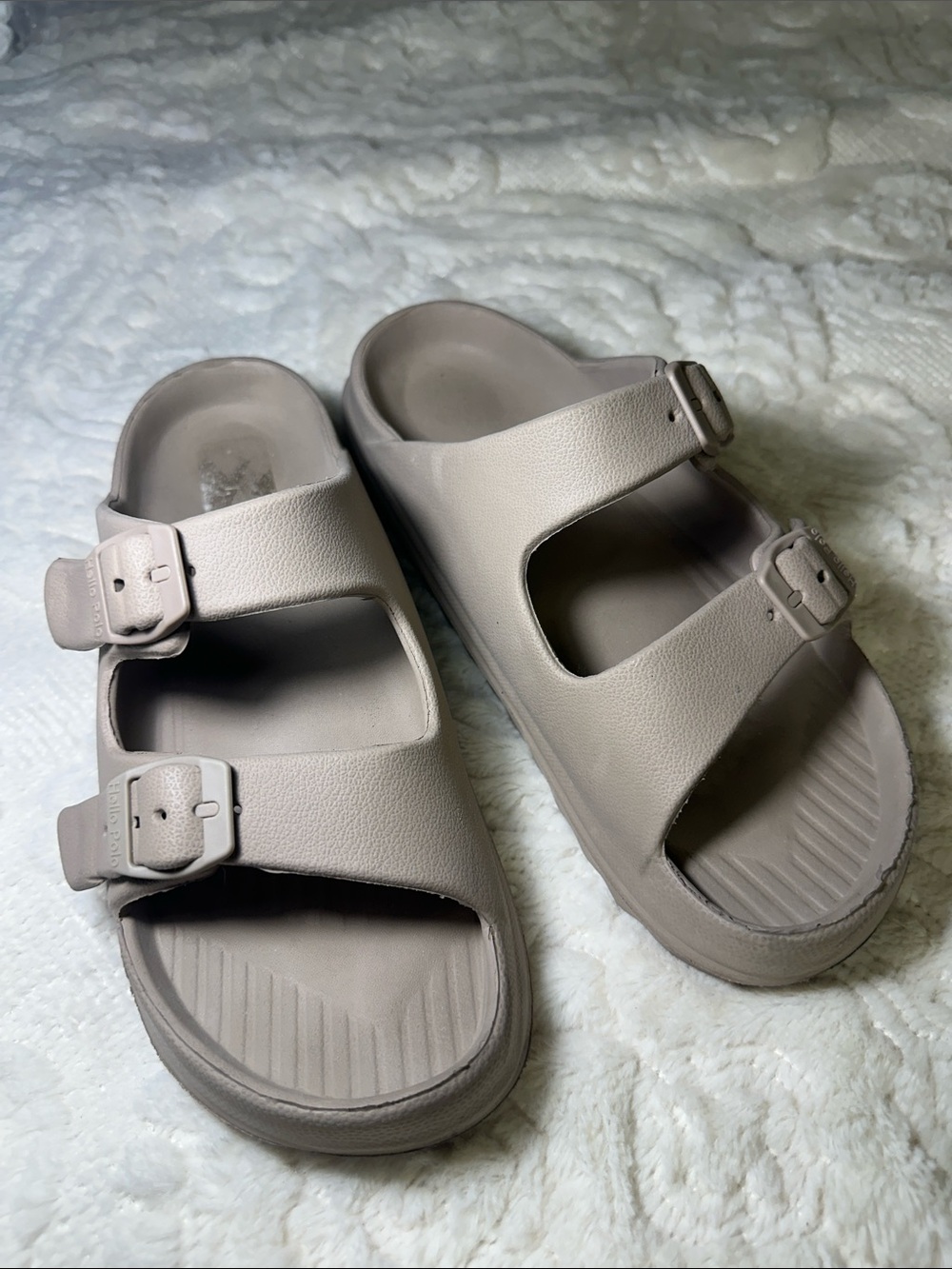 Hello Polo Chunky Dual-Buckle Slide Sandals in Taupe